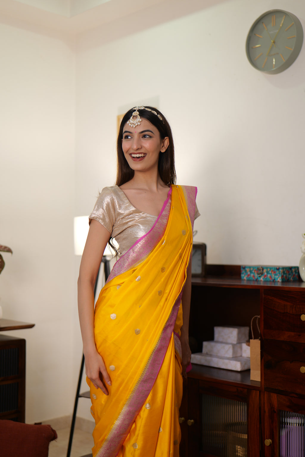 Yellow & Pink Handwoven Banarasi Mashru Silk Saree