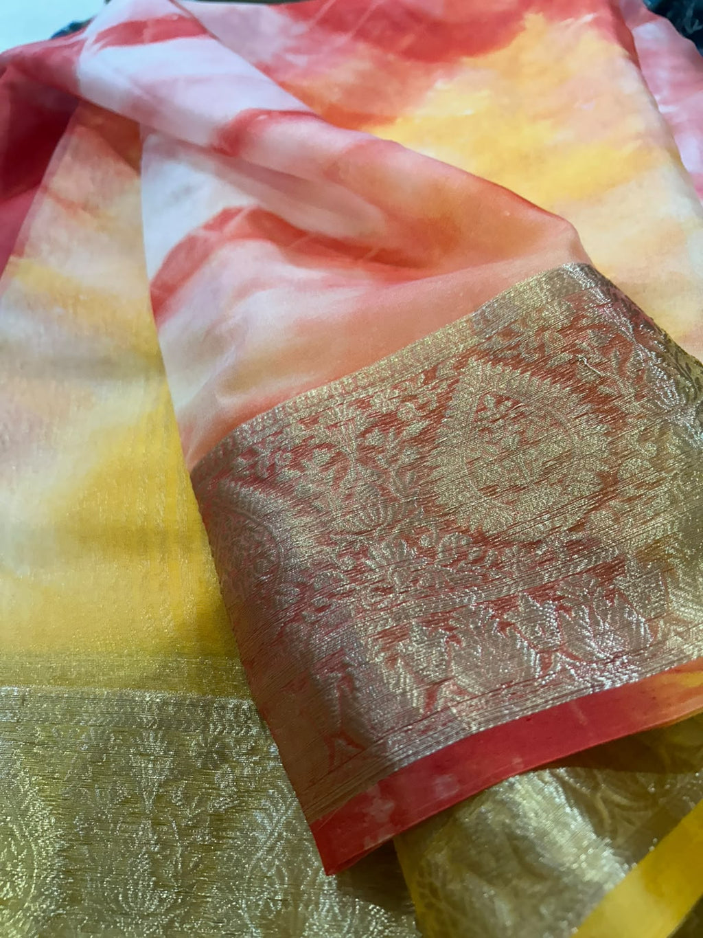 Red and Yellow Lightweight Organza Banarasi Saree - Weave Owl (Copy)