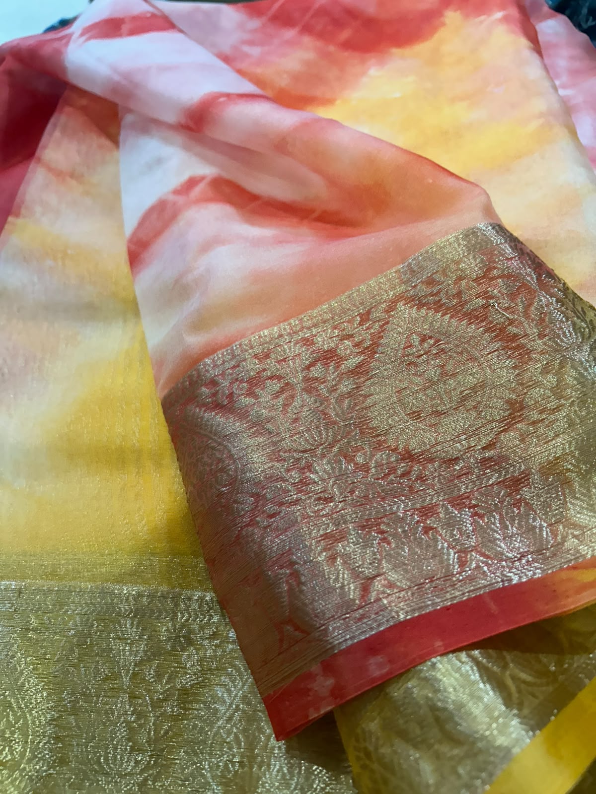Red and Yellow Lightweight Organza Banarasi Saree - Weave Owl (Copy)