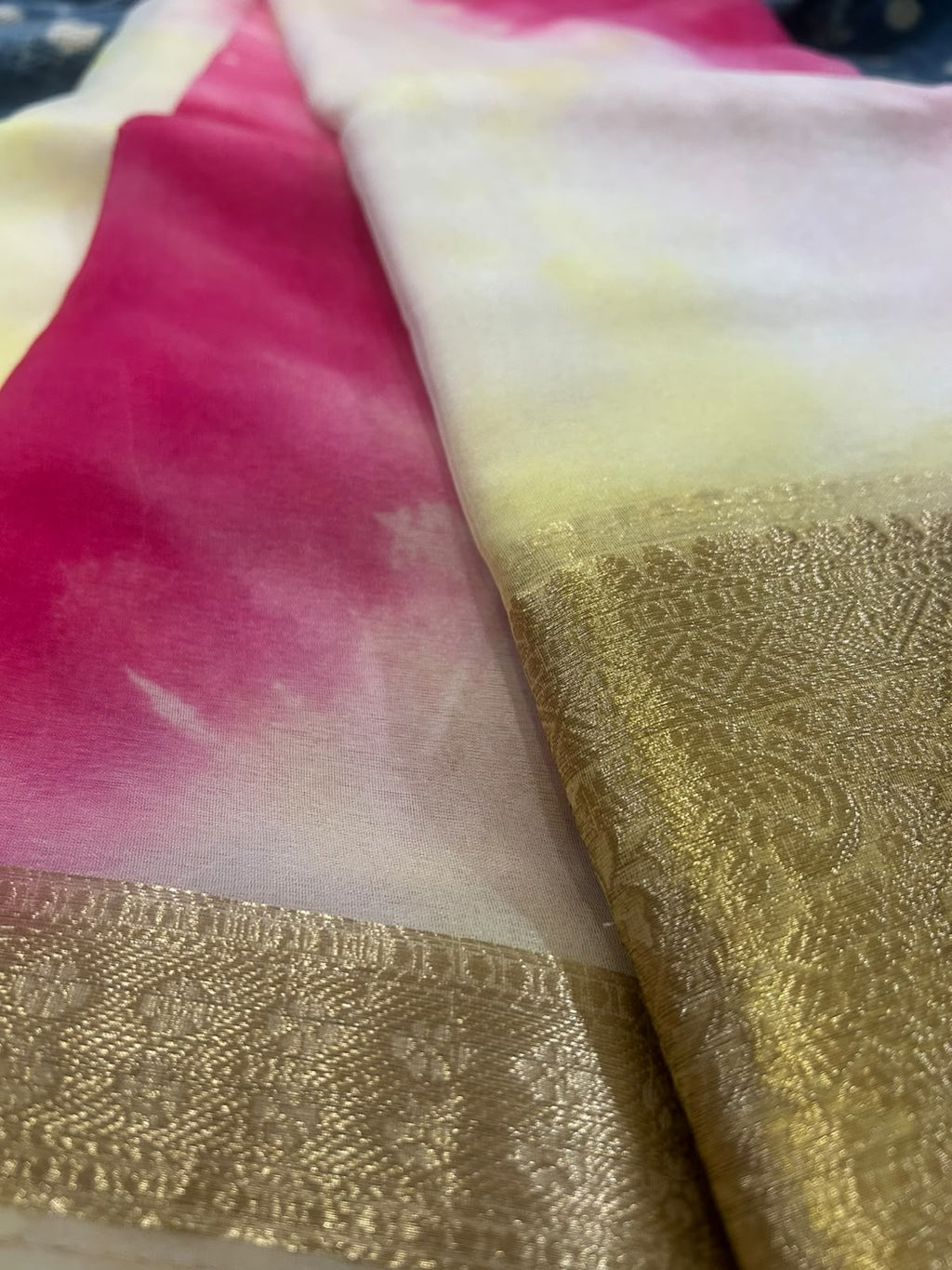 Pink and Yellow Lightweight Organza Banarasi Saree - Weave Owl