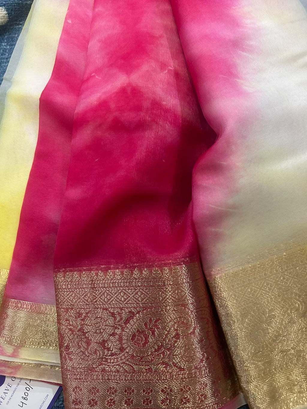 Pink and Yellow Lightweight Organza Banarasi Saree - Weave Owl