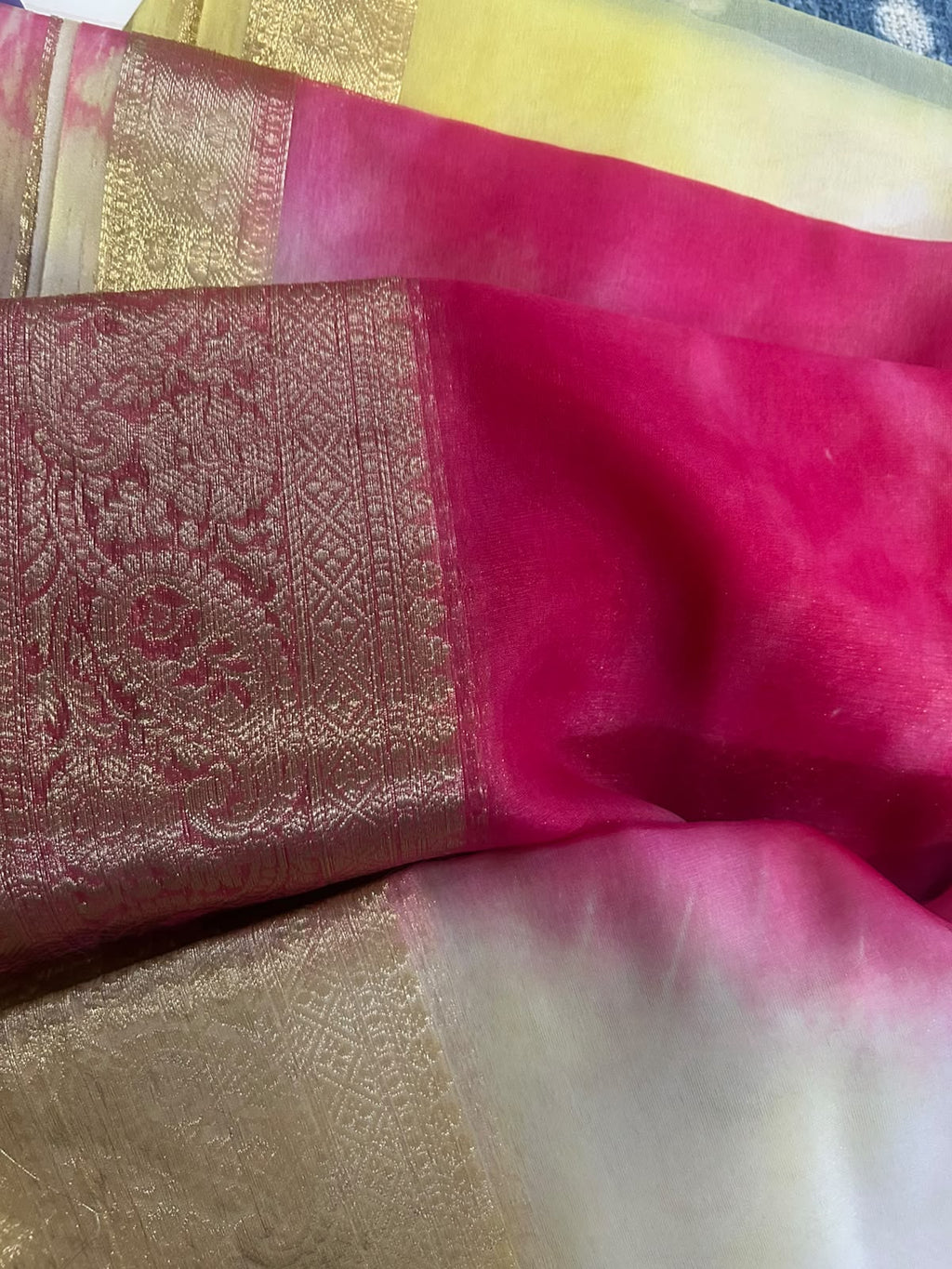Pink and Yellow Lightweight Organza Banarasi Saree - Weave Owl