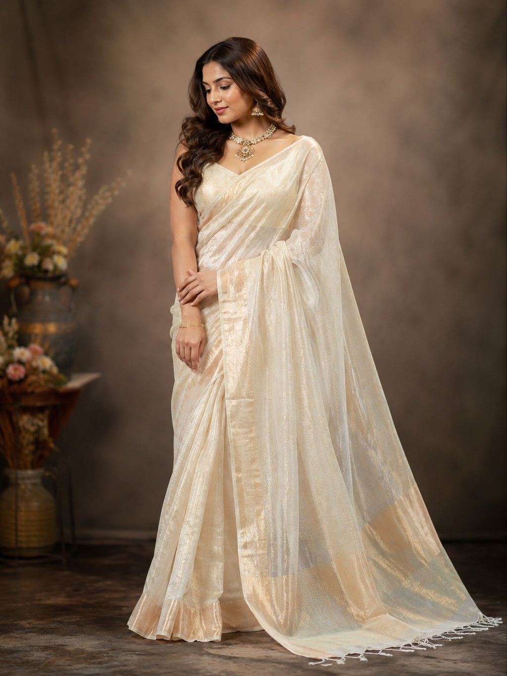 Organza Ivory & Golden with Abstract Design