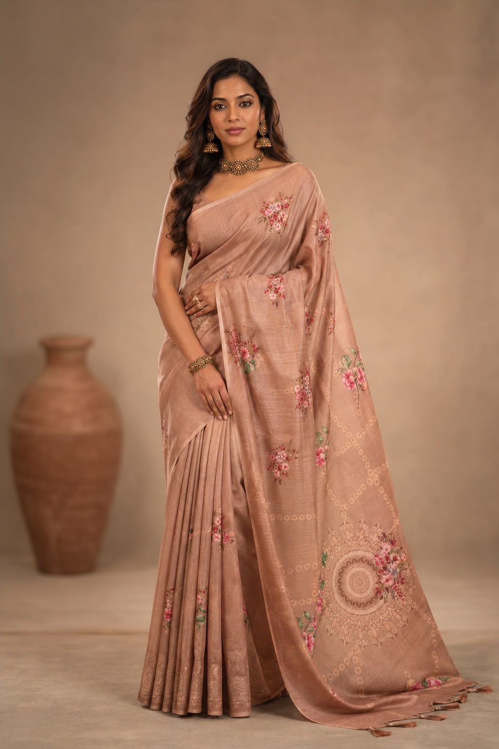 Unique mandala art brown Saree | Weave Owl