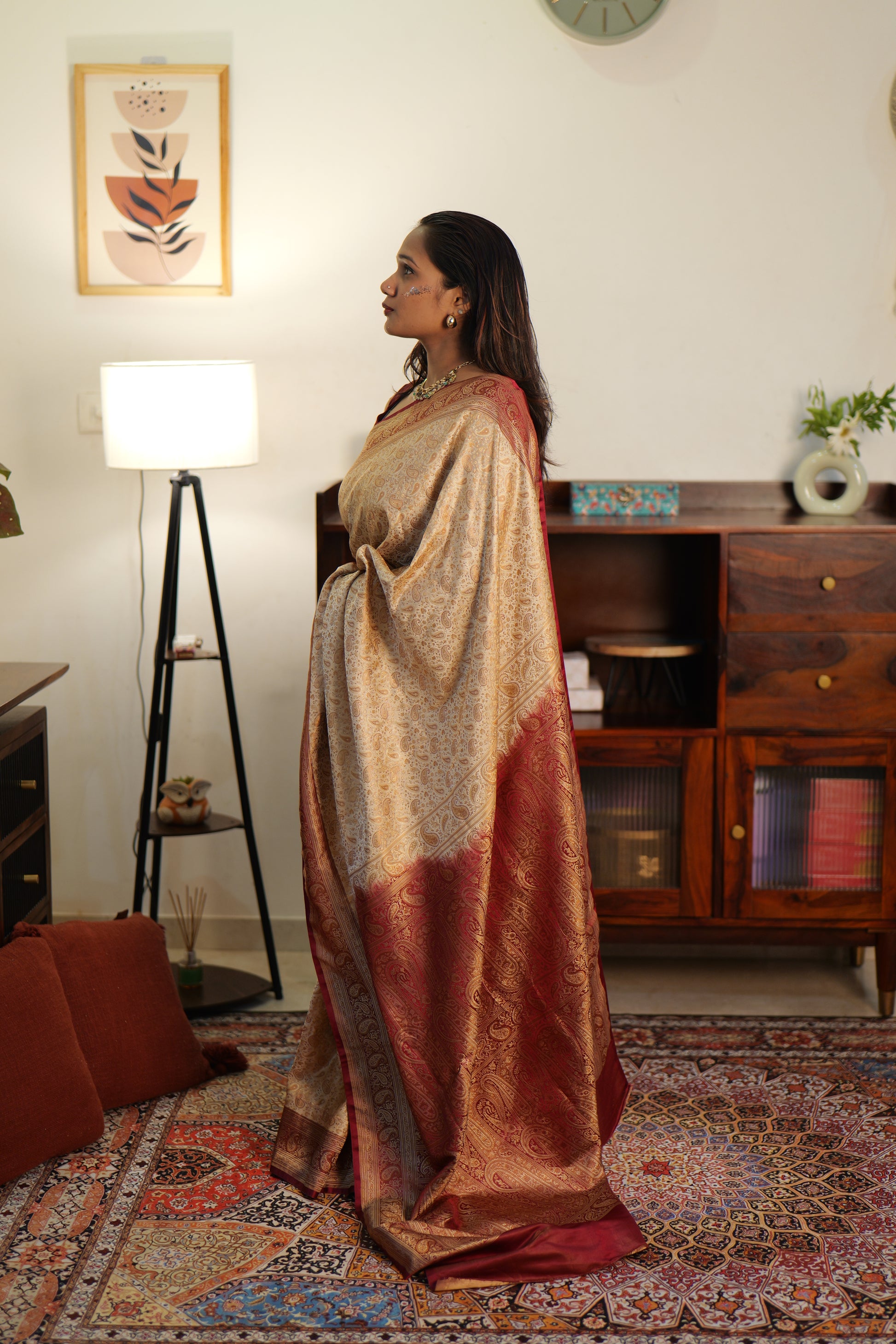 Royal Creme & Mehroon Tanchui Silk sare | Weave Owl handwoven in banaras