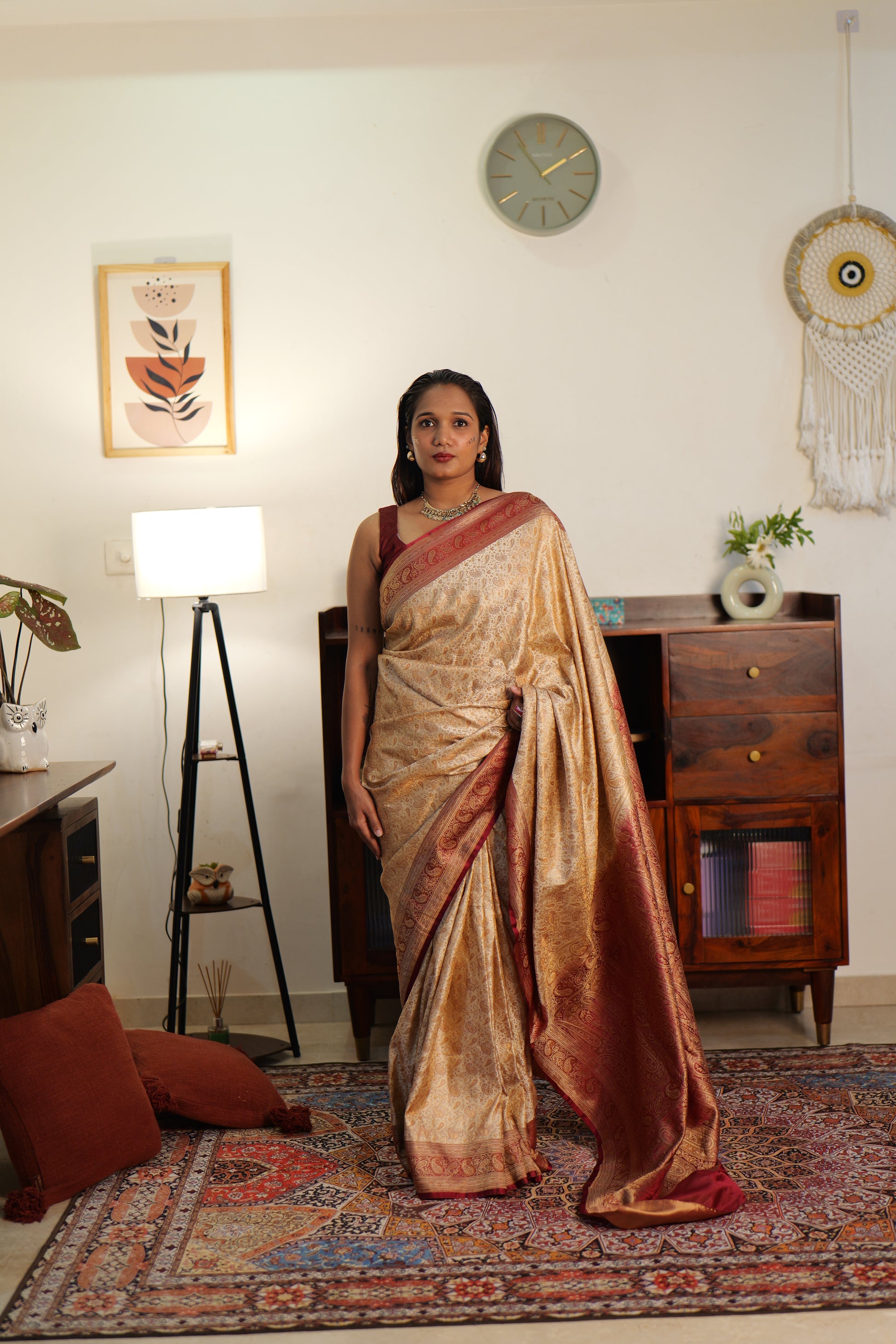 Royal Creme & Mehroon Tanchui Silk sare | Weave Owl handwoven in banaras
