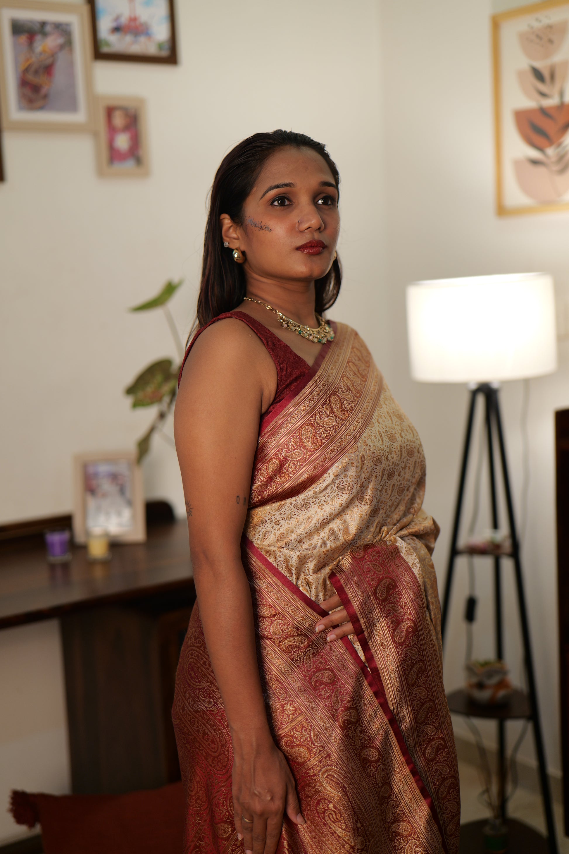 Royal Creme & Mehroon Tanchui Silk sare | Weave Owl handwoven in banaras