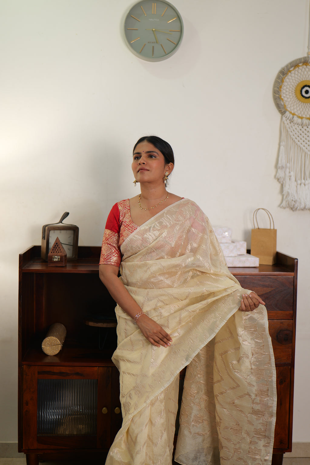 Golden crushed tissue silk saree | Weave Owl handwoven in banaras