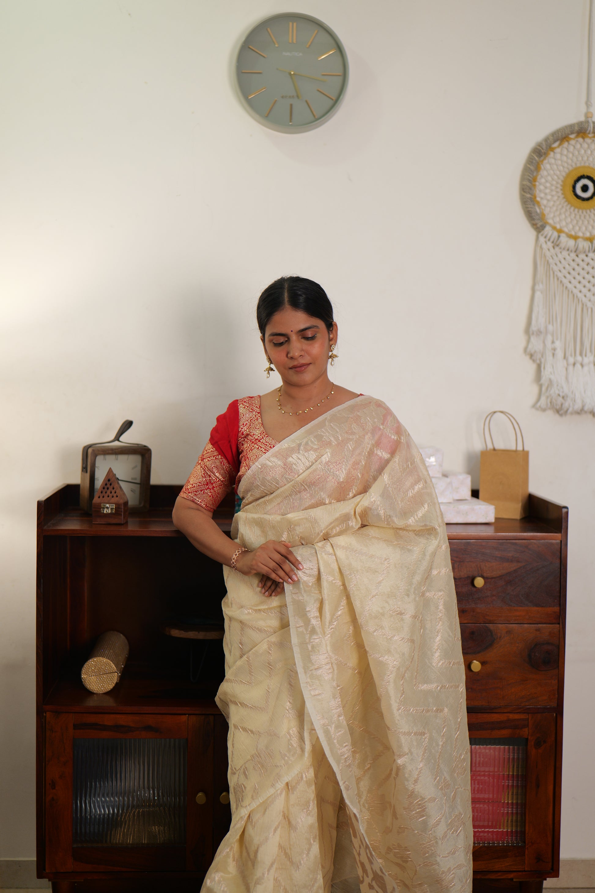 Golden crushed tissue silk saree | Weave Owl handwoven in banaras