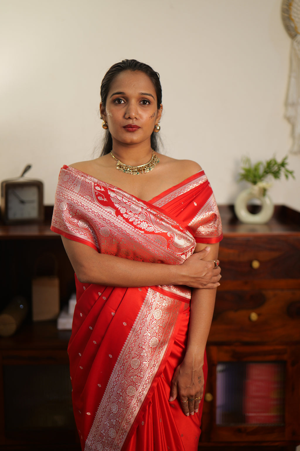 Pure Red Katan Banarasi Silk Saree | Weave Owl handwoven in banaras
