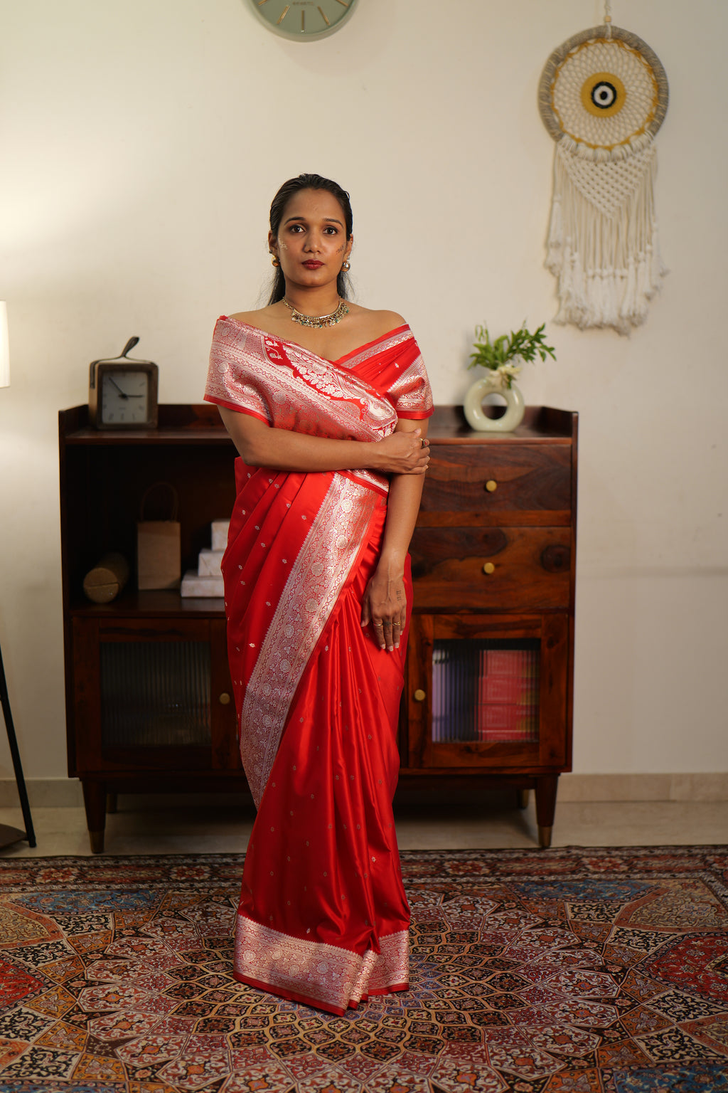 Pure Red Katan Banarasi Silk Saree | Weave Owl handwoven in banaras