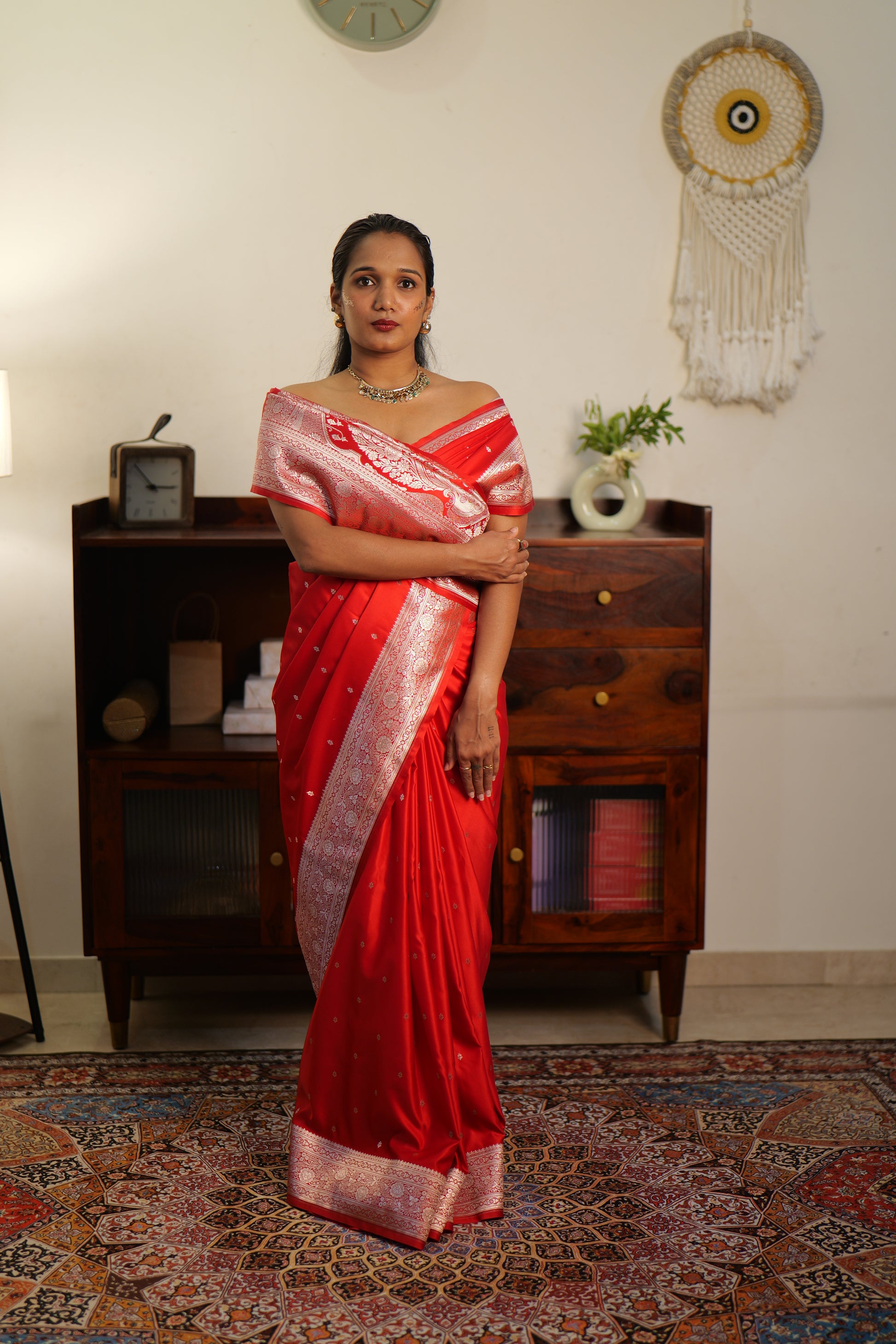 Pure Red Katan Banarasi Silk Saree | Weave Owl handwoven in banaras