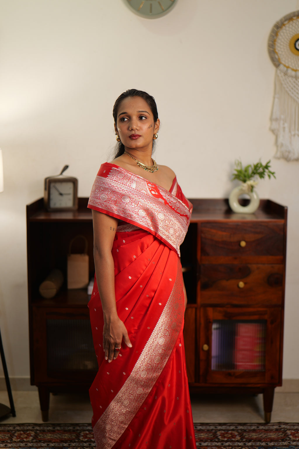 Pure Red Katan Banarasi Silk Saree | Weave Owl handwoven in banaras