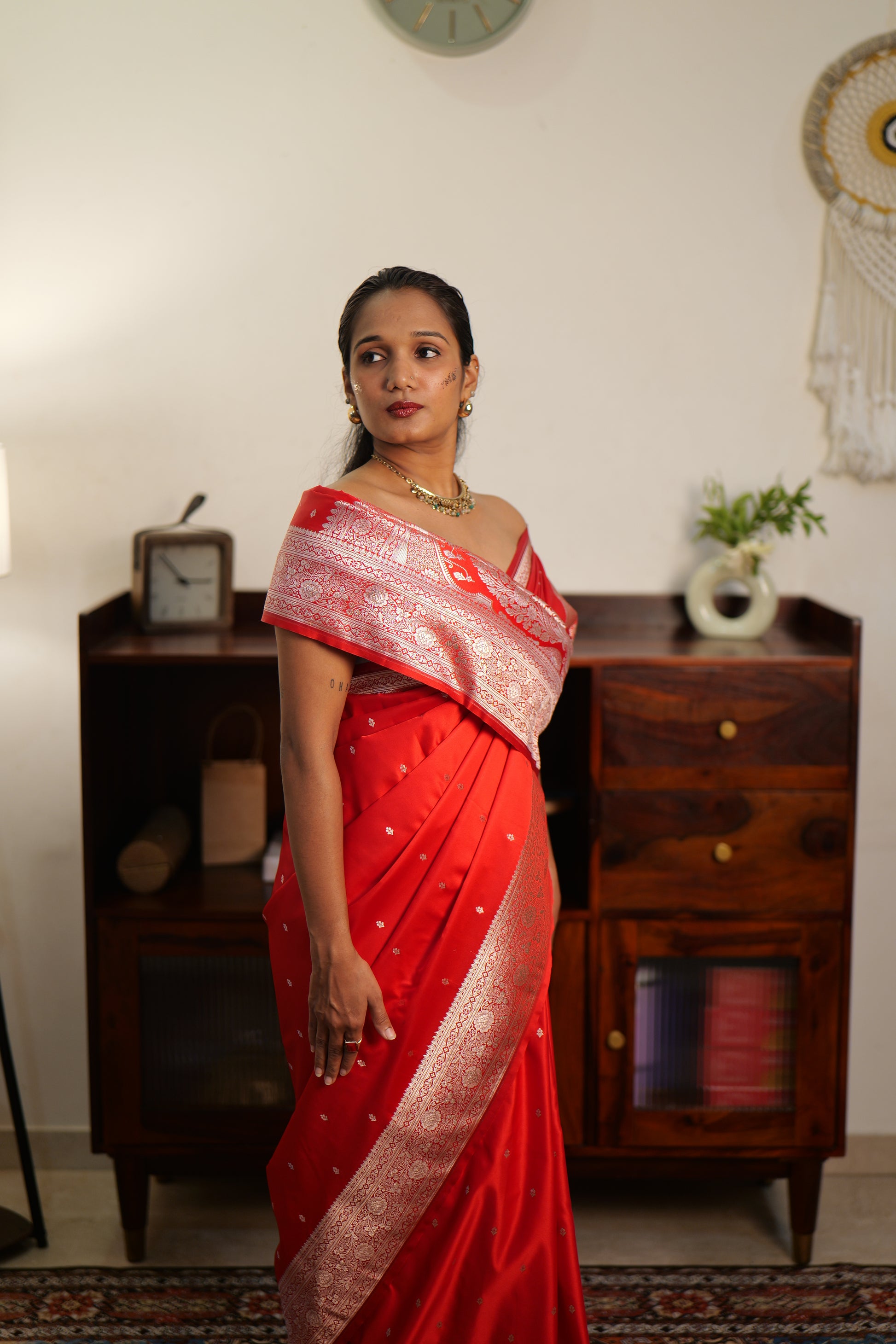 Pure Red Katan Banarasi Silk Saree | Weave Owl handwoven in banaras
